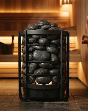 Premium sauna heater filled with high-quality, perfectly placed sauna stones.