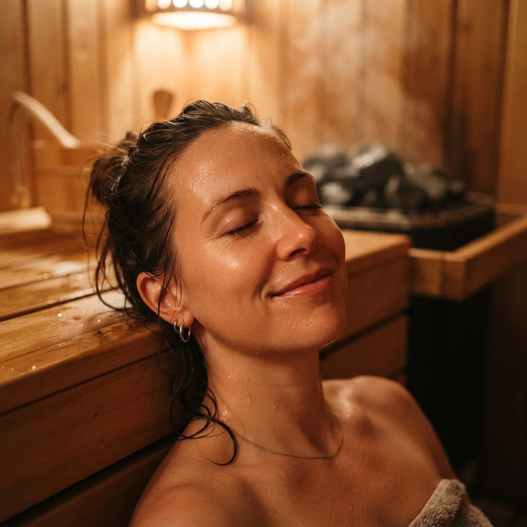 Person experiencing deep relaxation in a modern sauna