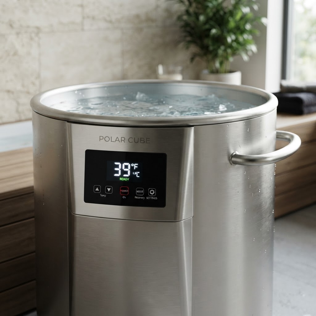 Detailed view of a premium digital cold plunge controller and basin