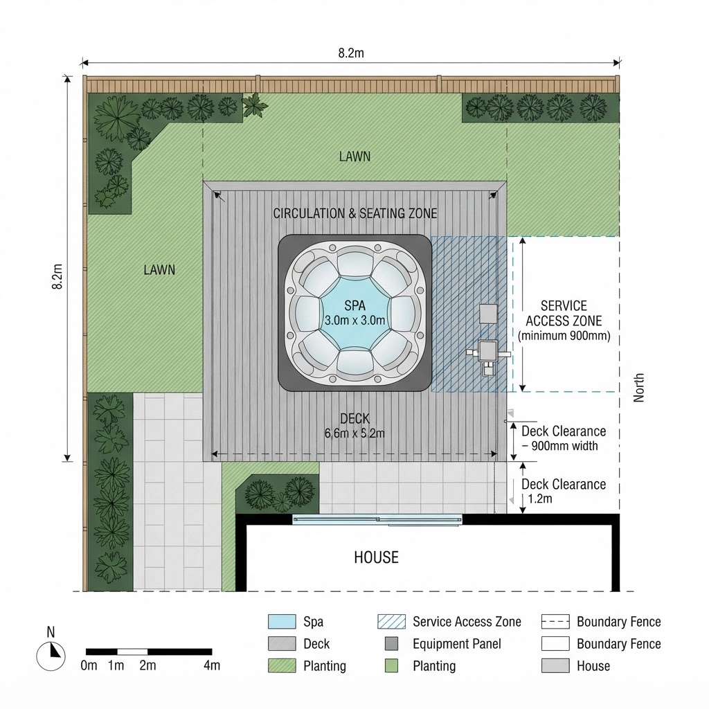 Diagram of hot tub space and seating dimensions