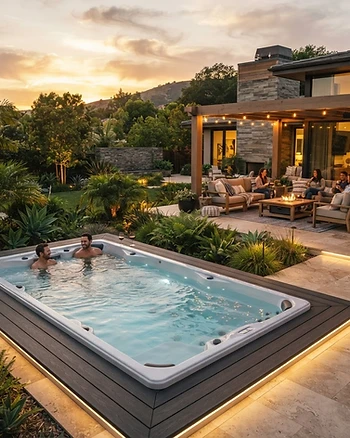 Luxury backyard featuring a modern swim spa and patio relaxation area