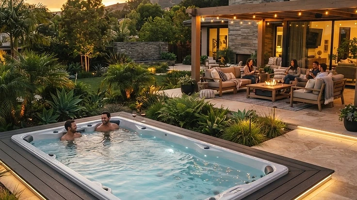 Luxury backyard featuring a modern swim spa and patio relaxation area