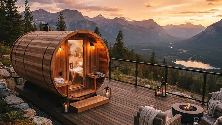 Modern cedar barrel sauna on a wooden deck at sunset