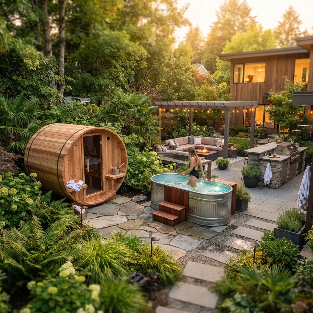 Luxury backyard wellness area with cold plunge and sauna