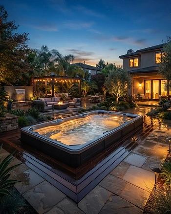 A premium swim spa in a modern backyard setting at twilight.