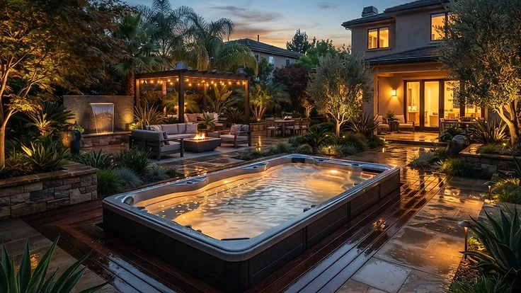 A premium swim spa in a modern backyard setting at twilight.