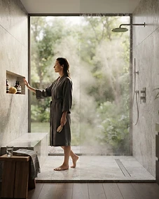 A luxurious modern home steam shower environment for wellness and recovery.