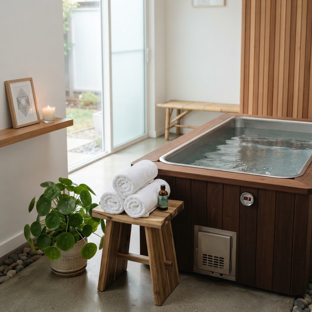 Well-organized home recovery space with a cold plunge