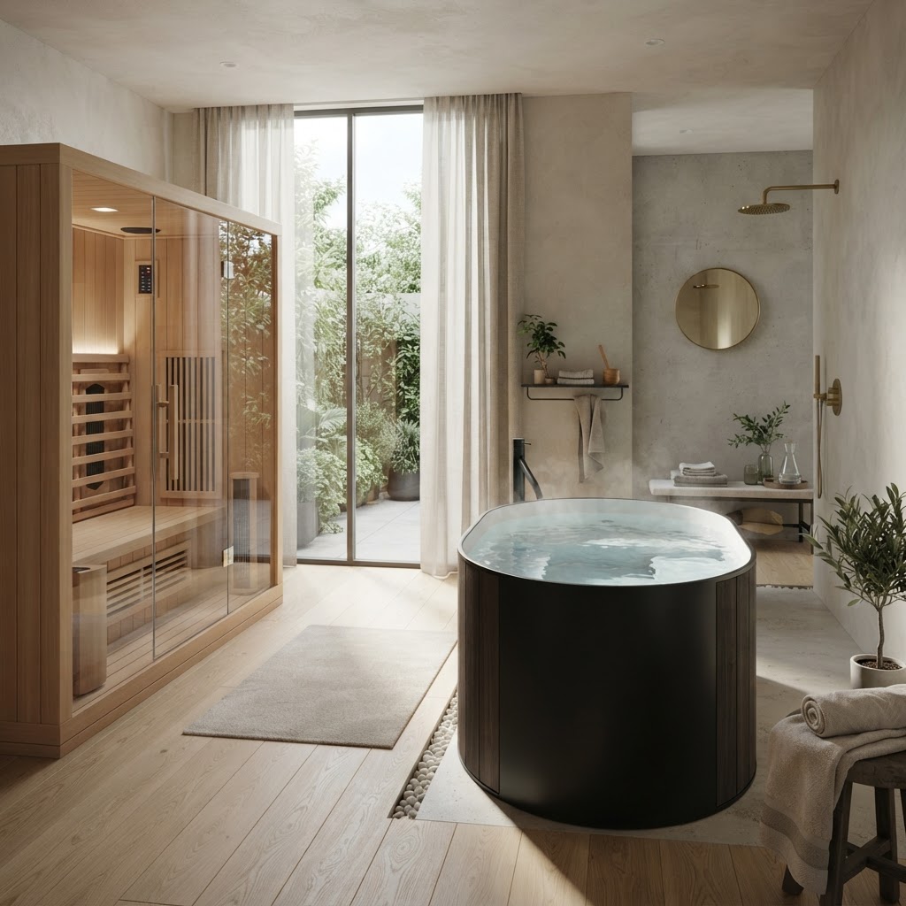 A home wellness room featuring a cold plunge tub and infrared sauna for contrast therapy.