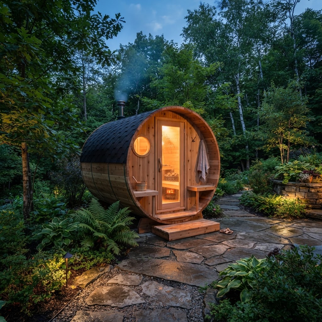 Outdoor barrel sauna in backyard