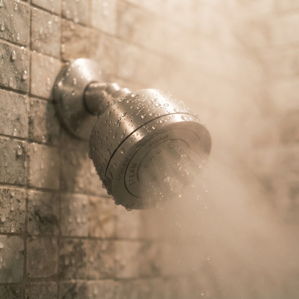 Close-up of a high-quality steam shower head in action.