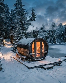 Premium barrel sauna in snowy winter setting