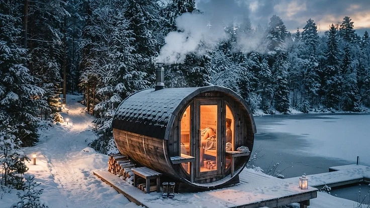 Outdoor Sauna Winter Care: Your Complete Maintenance Guide — Saunas | Hearthside Supply LLC Blog Premium barrel sauna in snowy winter setting