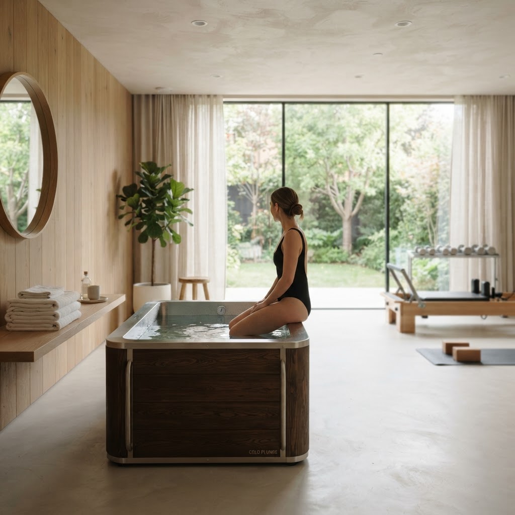 A modern cold plunge unit inside a bright, clean home wellness room.
