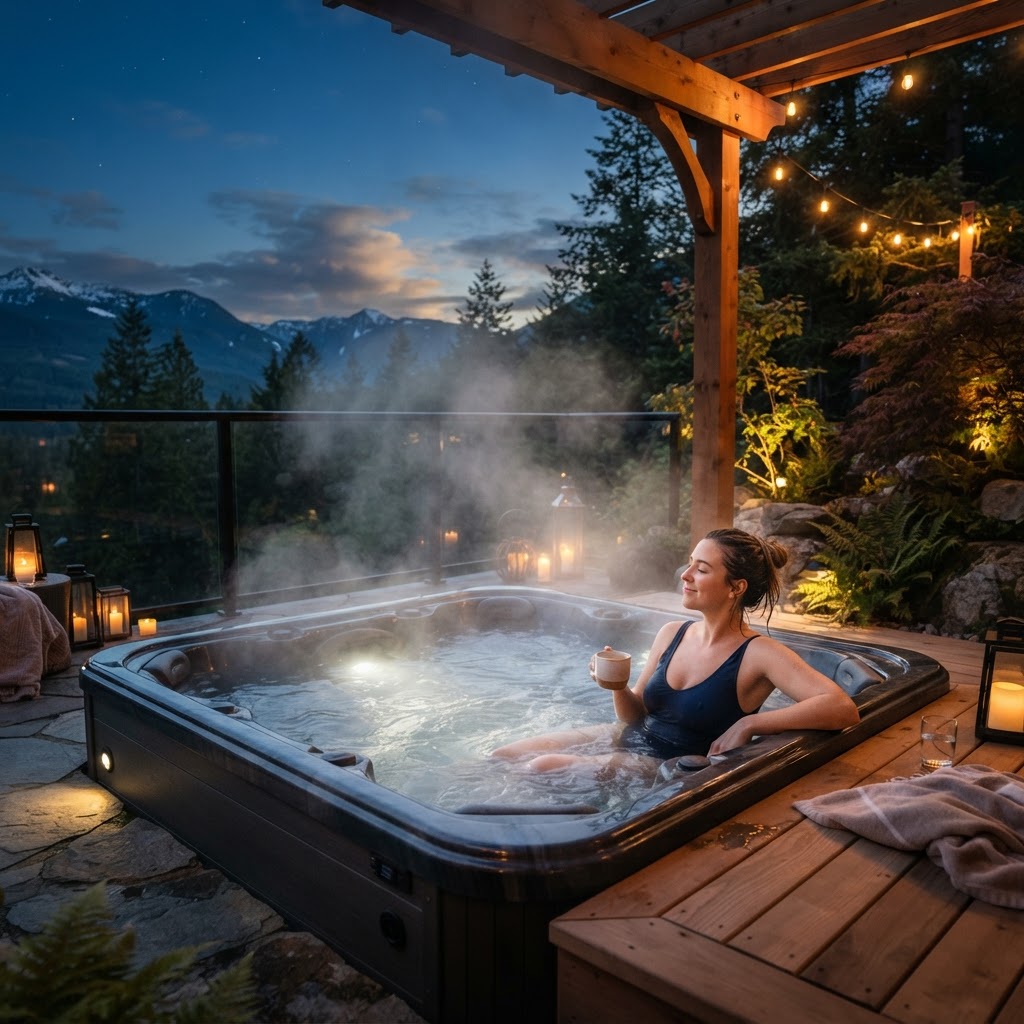 Person relaxing in a warm outdoor hot tub