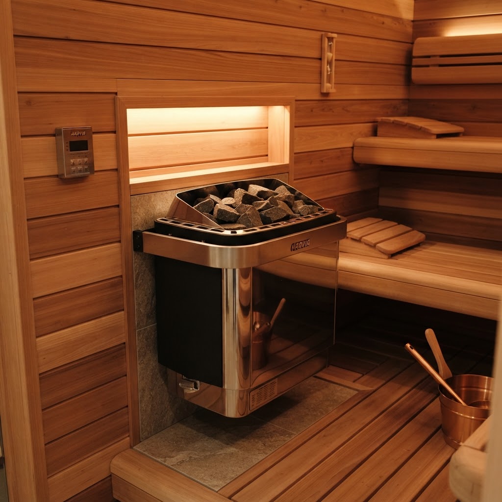 High-quality sauna heater used for consistent heat therapy.