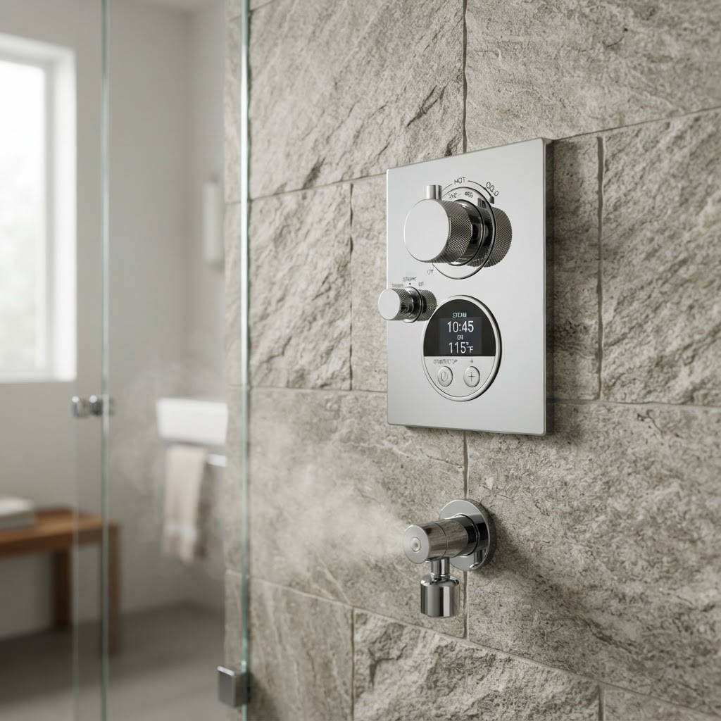 Modern steam shower digital control panel mounted on stone wall.