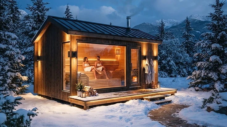 Modern outdoor cedar sauna in a winter landscape