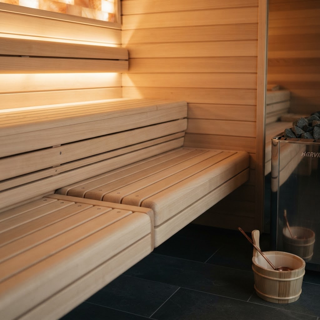 Detailed view of high-end sauna wood craftsmanship.
