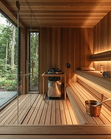 Modern home sauna interior with premium cedar wood and ambient lighting.