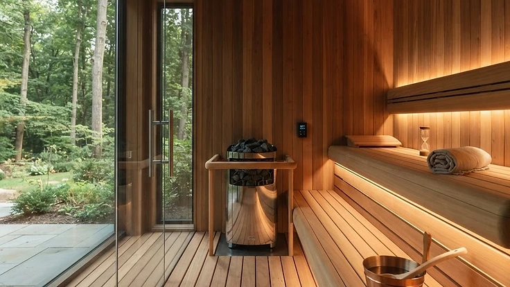 Best Sauna Accessories and Upgrades for 2026 — Buying Guides | Hearthside Supply LLC Blog Modern home sauna interior with premium cedar wood and ambient lighting.