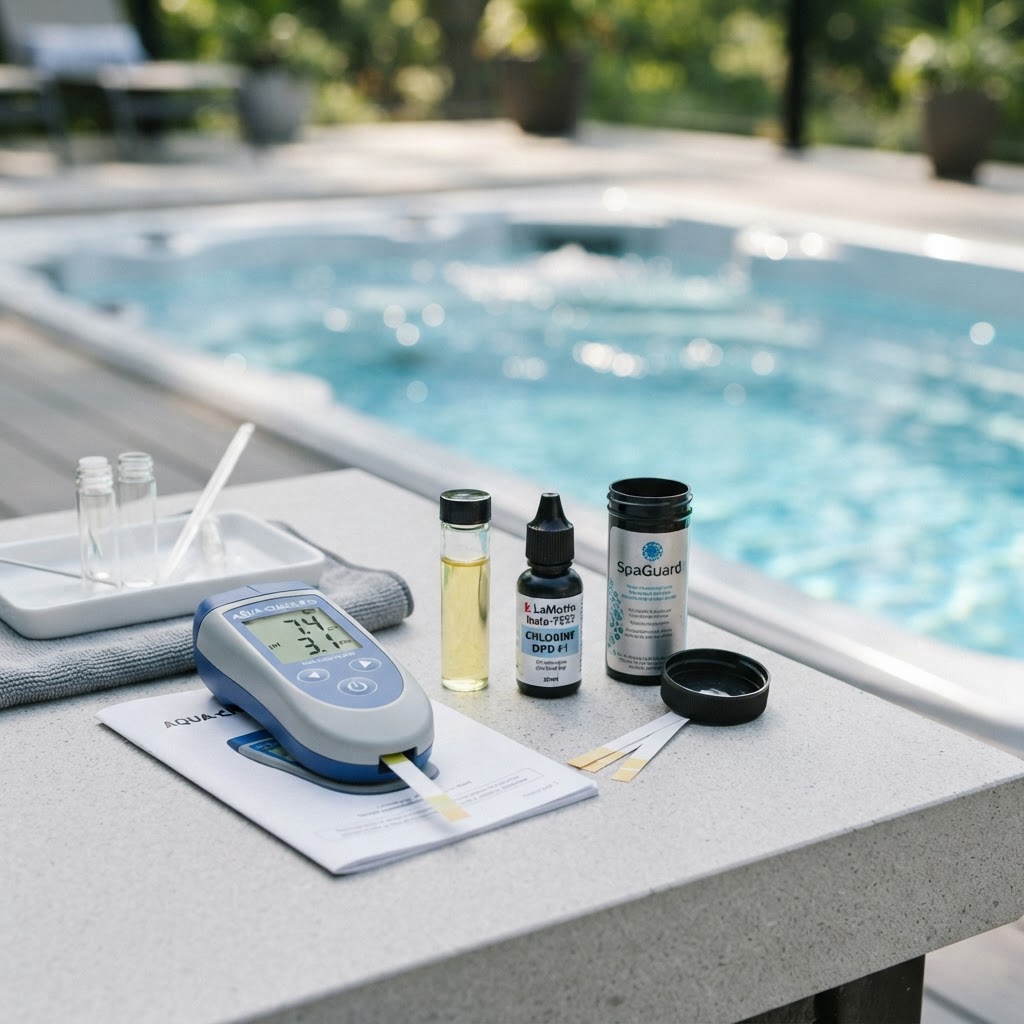 Tools for measuring and maintaining swim spa water chemistry.