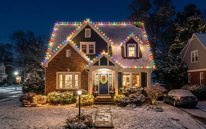 Suburban home at night outlined in warm holiday string lights