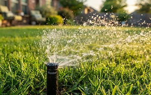 Pop-up sprinkler head watering a green residential lawn