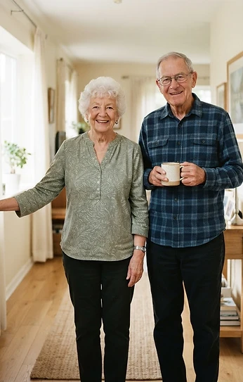 An older couple standing in their hallway beside a newly installed grab bar