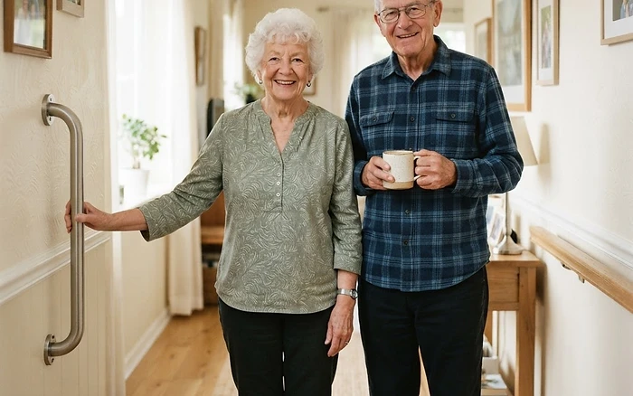 An older couple standing in their hallway beside a newly installed grab bar