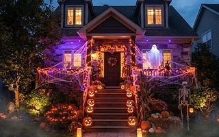 Front yard decorated for Halloween with glowing pumpkins and cobwebs