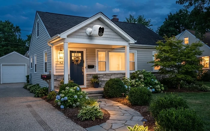Security camera mounted under the eave of a home at dusk