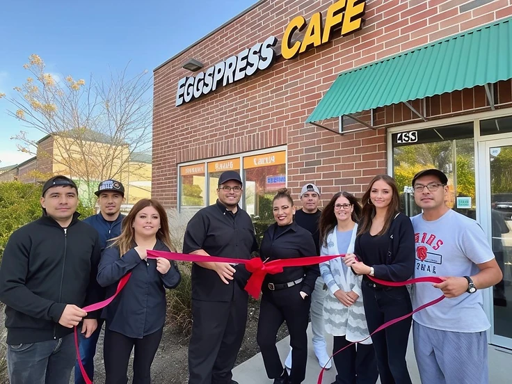 Eggspress Café team at the Lindenhurst storefront ribbon cutting