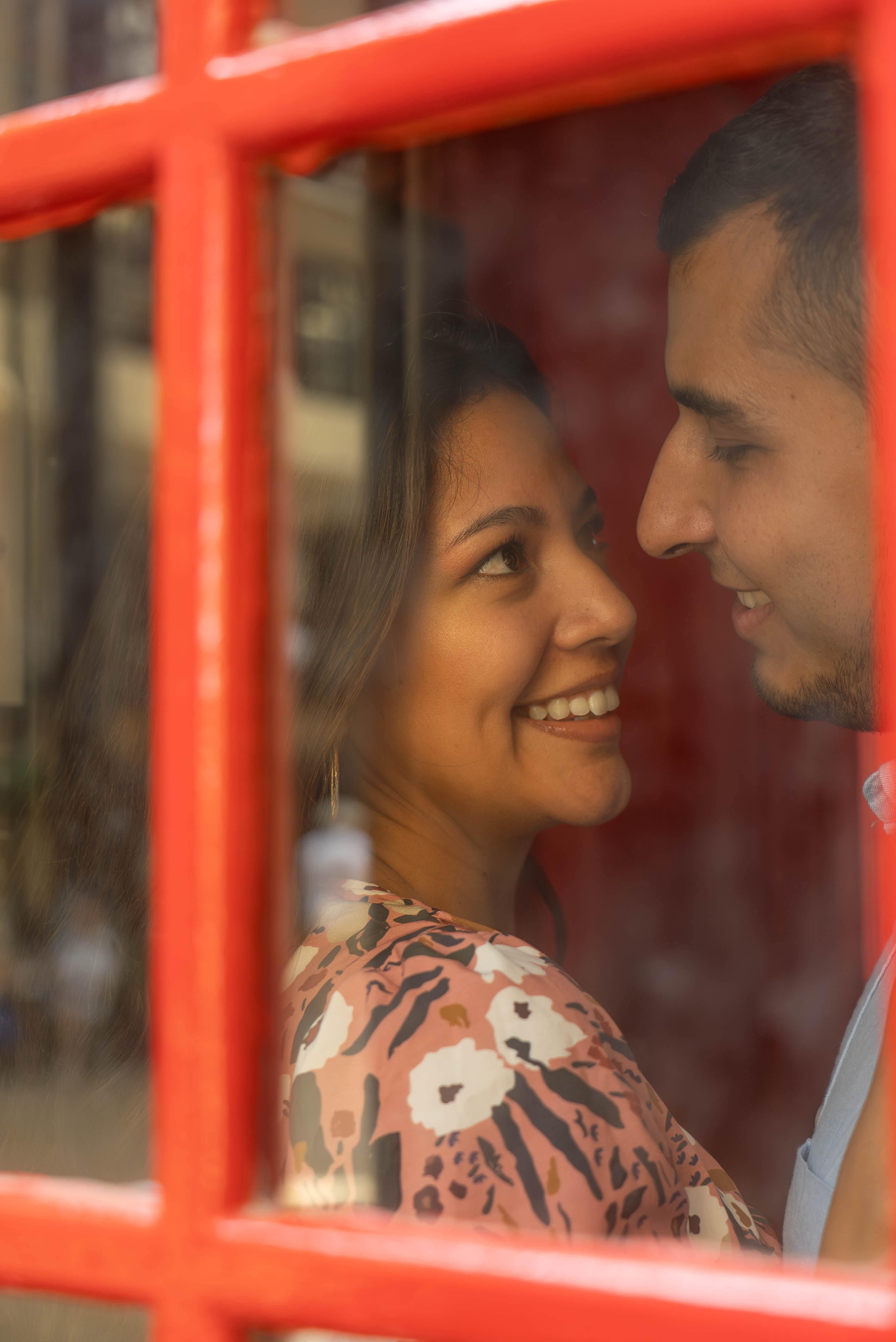 Through the glass of a London phone box