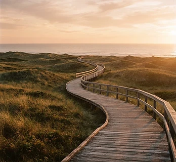 A smooth empty boardwalk winding through golden coastal dunes