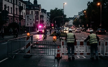 Die Biebricher Allee wird an der Einmündung zur Alexandrastraße gesperrt