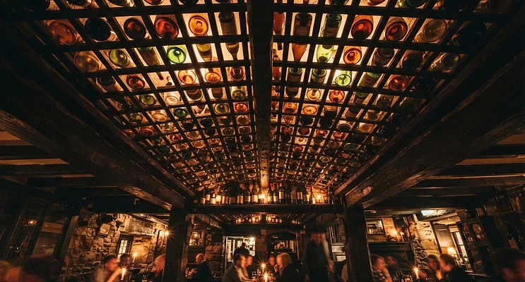 Wine bottle-lined ceiling