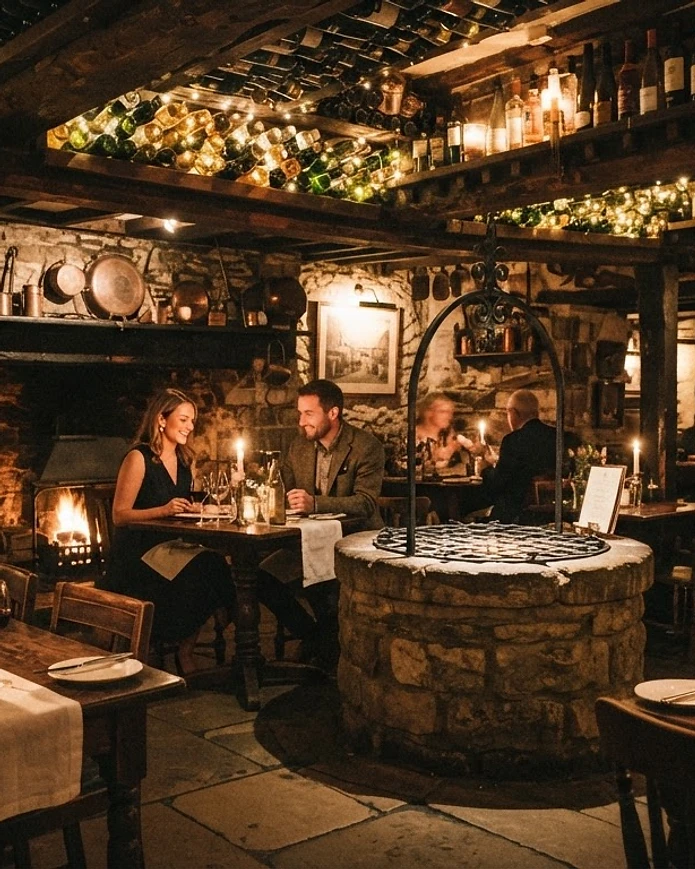 Candlelit dining room with wine-bottle ceiling