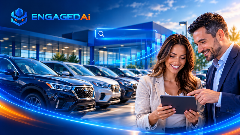 ENGAGEDAI-branded illustration of a dealership representative and customer reviewing a tablet beside used SUVs, with a glowing search bar and rising graph.