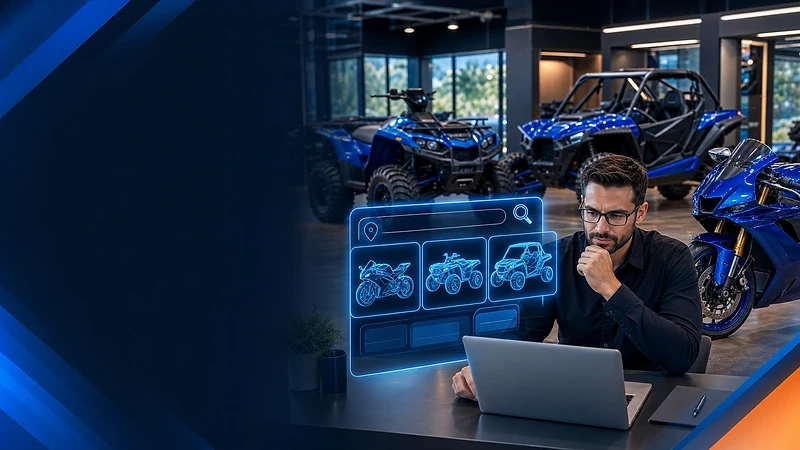 A digital marketing specialist views a holographic interface showing motorcycle, ATV, and side-by-side search categories while sitting in a modern dealership showroom with blue Yamaha-style vehicles in the background.