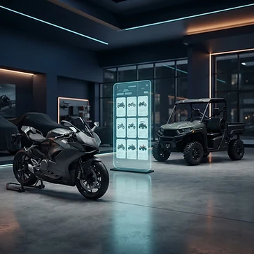 Unbranded graphite sport motorcycle and utility side-by-side beside a dealership inventory display.