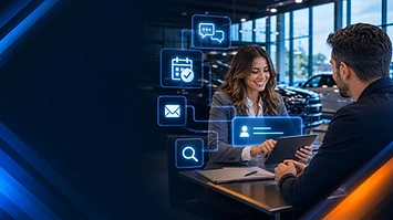 A professional automotive salesperson discusses digital options with a client in a modern dealership showroom, framed by blue AI integration icons.