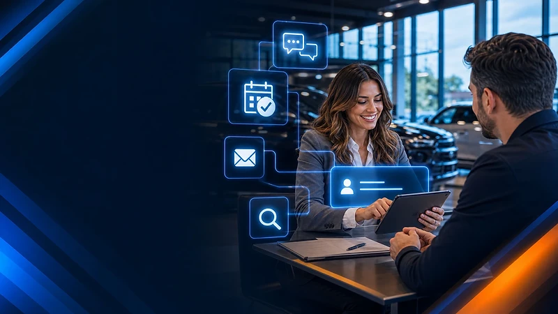 A professional automotive salesperson discusses digital options with a client in a modern dealership showroom, framed by blue AI integration icons.