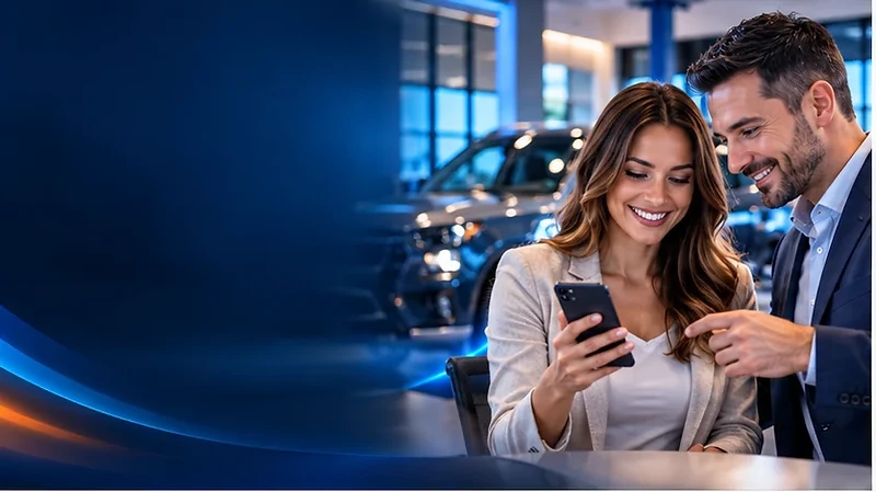Car dealership customer and salesperson reviewing a smartphone in a showroom.