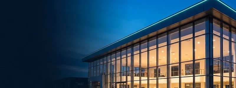 An illuminated glass dealership showroom and parked vehicles at blue hour.
