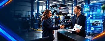 A dealership service advisor greets a returning customer beside a vehicle service bay with glowing blue appointment and service communication graphics.
