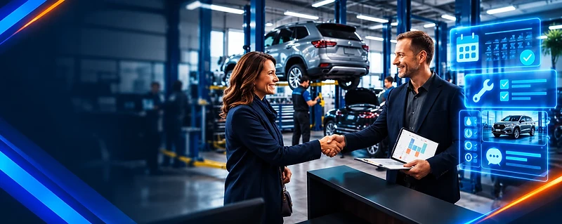 A dealership service advisor greets a returning customer beside a vehicle service bay with glowing blue appointment and service communication graphics.