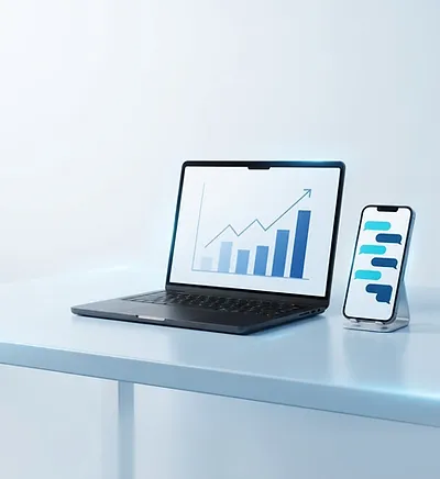 A laptop with illustrative search reporting charts beside a phone showing customer conversation cards.