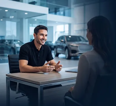 A dealership sales advisor talks with a customer across a showroom desk.