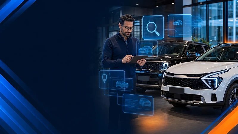 A dealership representative in a professional showroom setting interacts with a digital tablet displaying holographic AI vehicle search and location interfaces near a white Kia SUV.